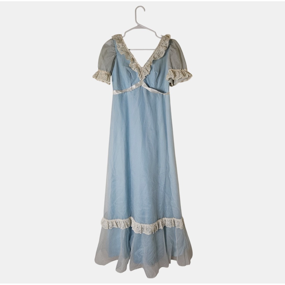 VTG Prairie Dress Sheer Mesh Overlay  7 Bany‎ Blue Lace Trim 1970s Cottagecore